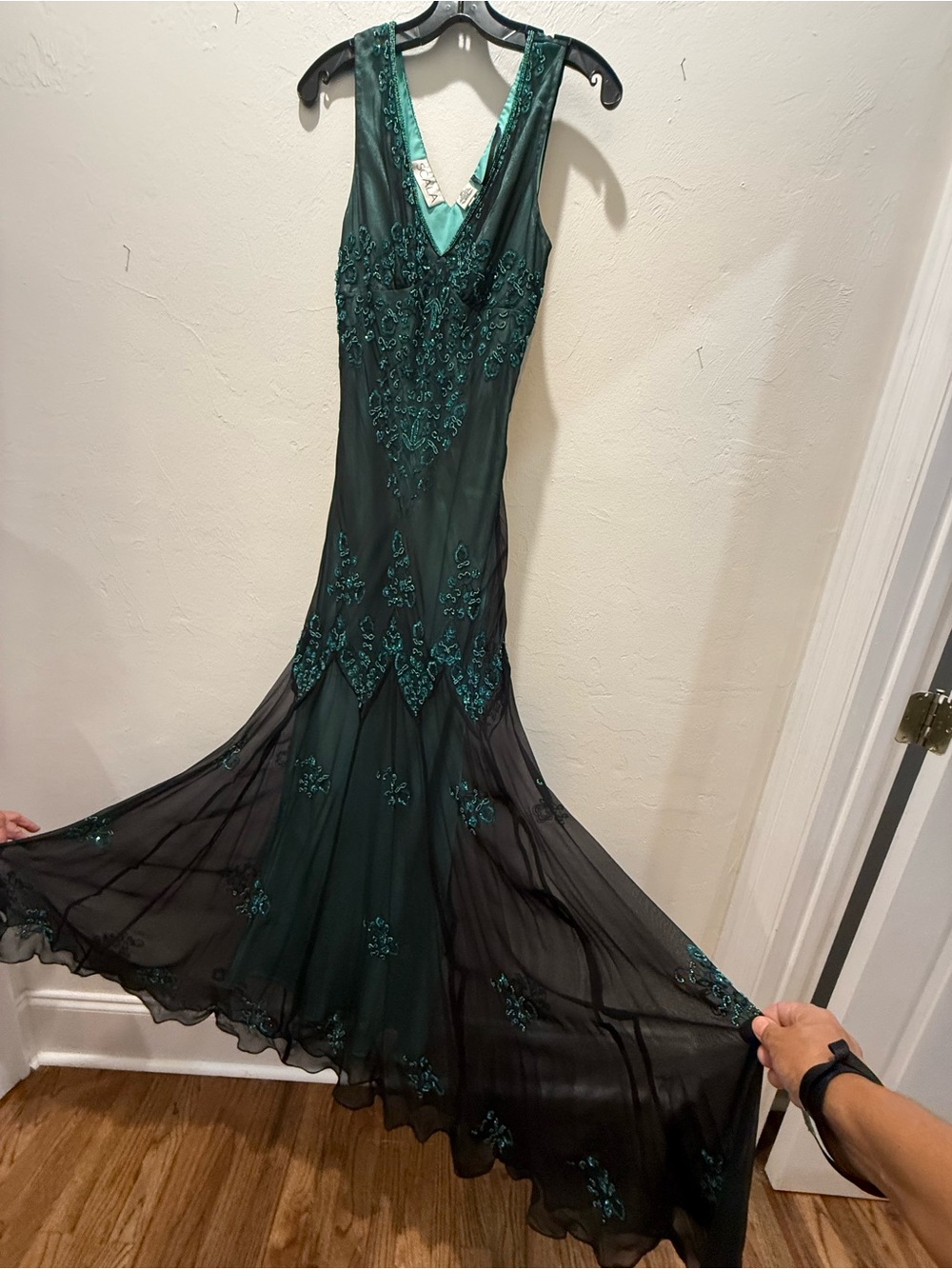 Vintage SCALA 100% Silk Beaded Emerald Black Maxi Evening Gown Y2K